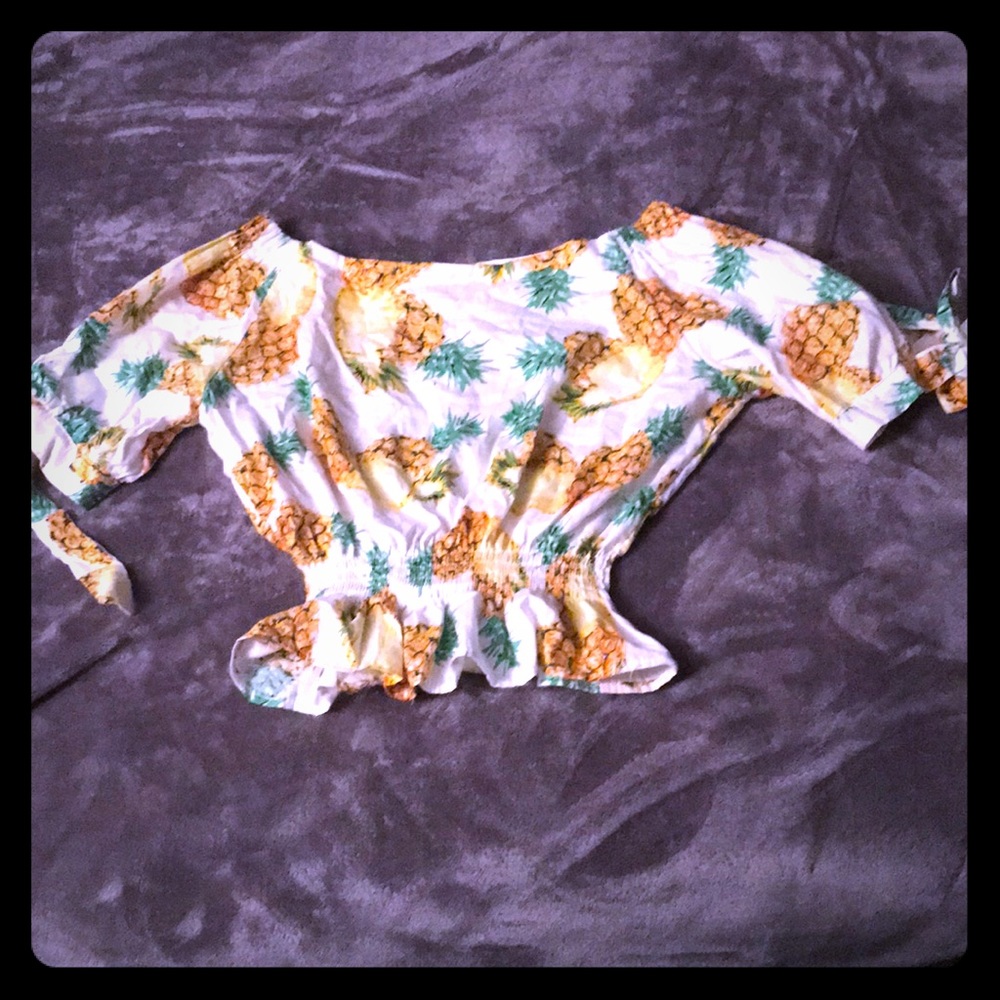 Adorable pineapple tropical sleeve tie crop shirt